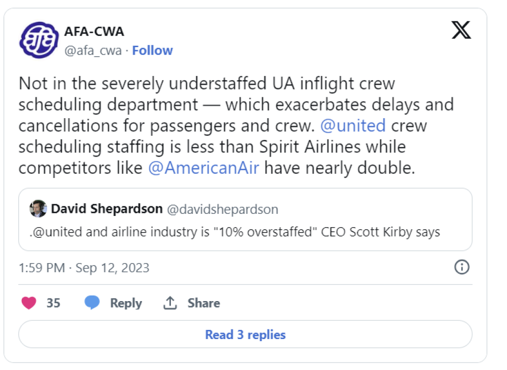 United flight attendants refute CEO’s claims airline was ‘10% overstaffed’